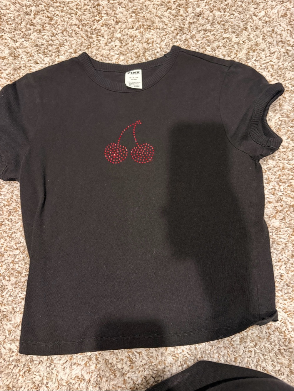 PINK Victoria's Secret Black Crop Tee with Red Rhinestone Cherry